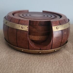 6Wood Coasters In A Barrel Like Holder